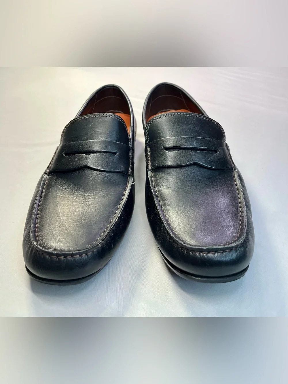 Martin Dingman Black Bermuda Saddle Leather Penny Loafers Shoes Orange Insoles